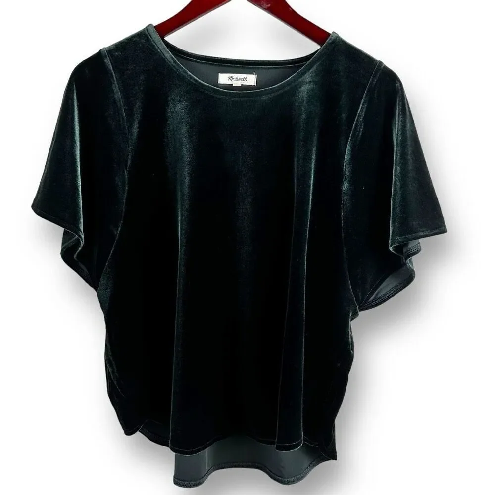 Madewell Women's M Dark Green Crushed Velvet Butterfly Sleeve Top Party Glam‎